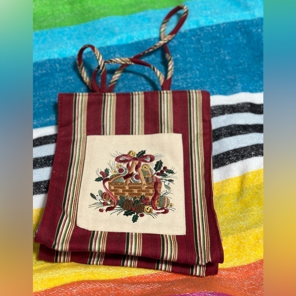 Longaberger holiday tote burgundy/green/tan stripes with embroidered basket